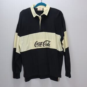 Vintage Coca-Cola Rugby Shirt Navy Cream Long Sleeve Collared Pullover
